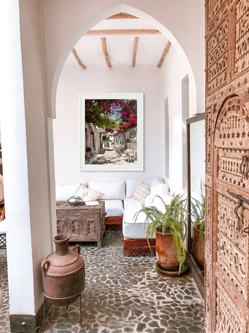 Paros Bougainvillea Lane print in room