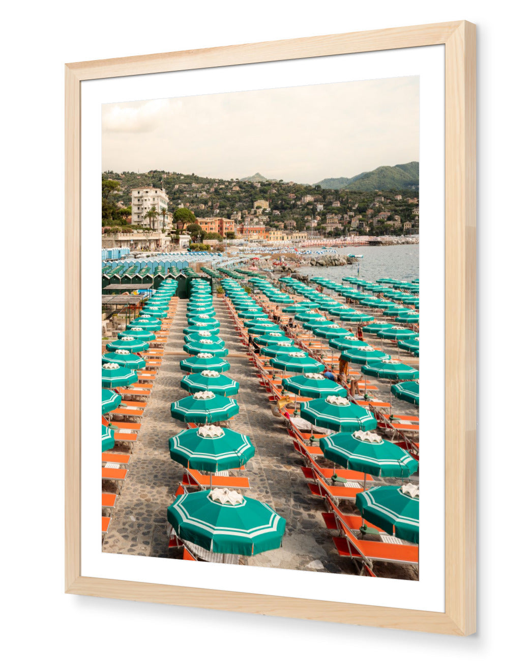 Portofino Beach Club fine-art print by Sam Smeaton — vertical view of turquoise umbrellas and orange sunbeds on the Italian Riviera, framed in natural oak for timeless warmth.