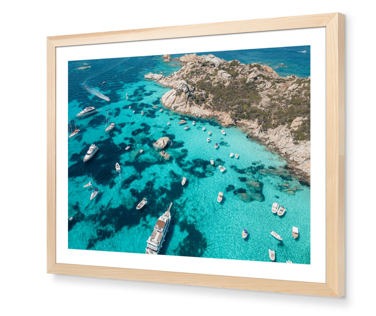 La Maddalena fine-art print by Sam Smeaton — aerial turquoise seascape framed in natural oak for soft warmth and timeless Italian style.
