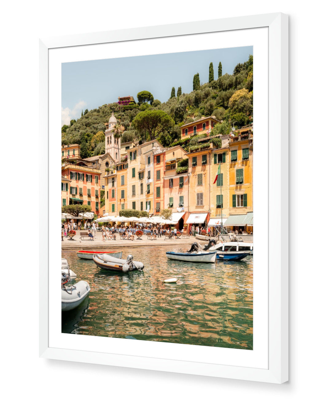 Portofino III fine-art print by Sam Smeaton — pastel waterfront architecture and Mediterranean harbour, framed in modern white for a clean, elegant finish.
