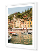 Portofino III fine-art print by Sam Smeaton — pastel waterfront architecture and Mediterranean harbour, framed in modern white for a clean, elegant finish.