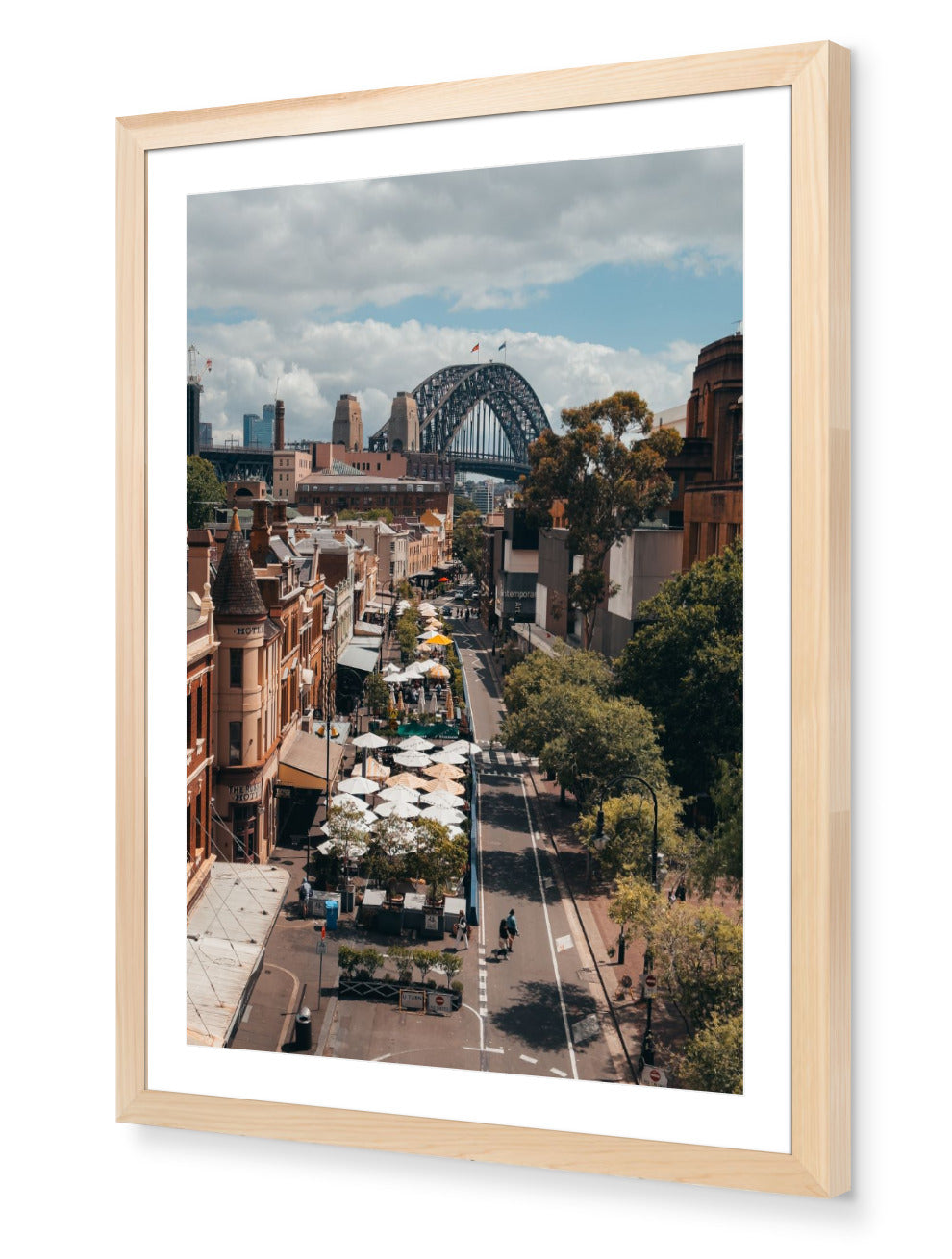 The Rocks – Sydney Harbour Bridge fine-art print in oak frame by Sam Smeaton — elegant composition blending Sydney’s historic architecture with the steel arches of the Harbour Bridge