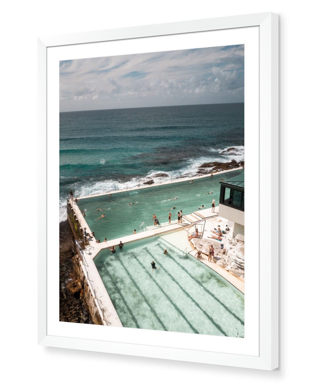 Sydney Icebergs – Bondi Pool portrait fine-art print in white frame by Sam Smeaton — tranquil Bondi pool photograph with turquoise waves and minimalist modern architecture