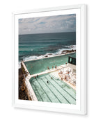 Sydney Icebergs – Bondi Pool portrait fine-art print in white frame by Sam Smeaton — tranquil Bondi pool photograph with turquoise waves and minimalist modern architecture