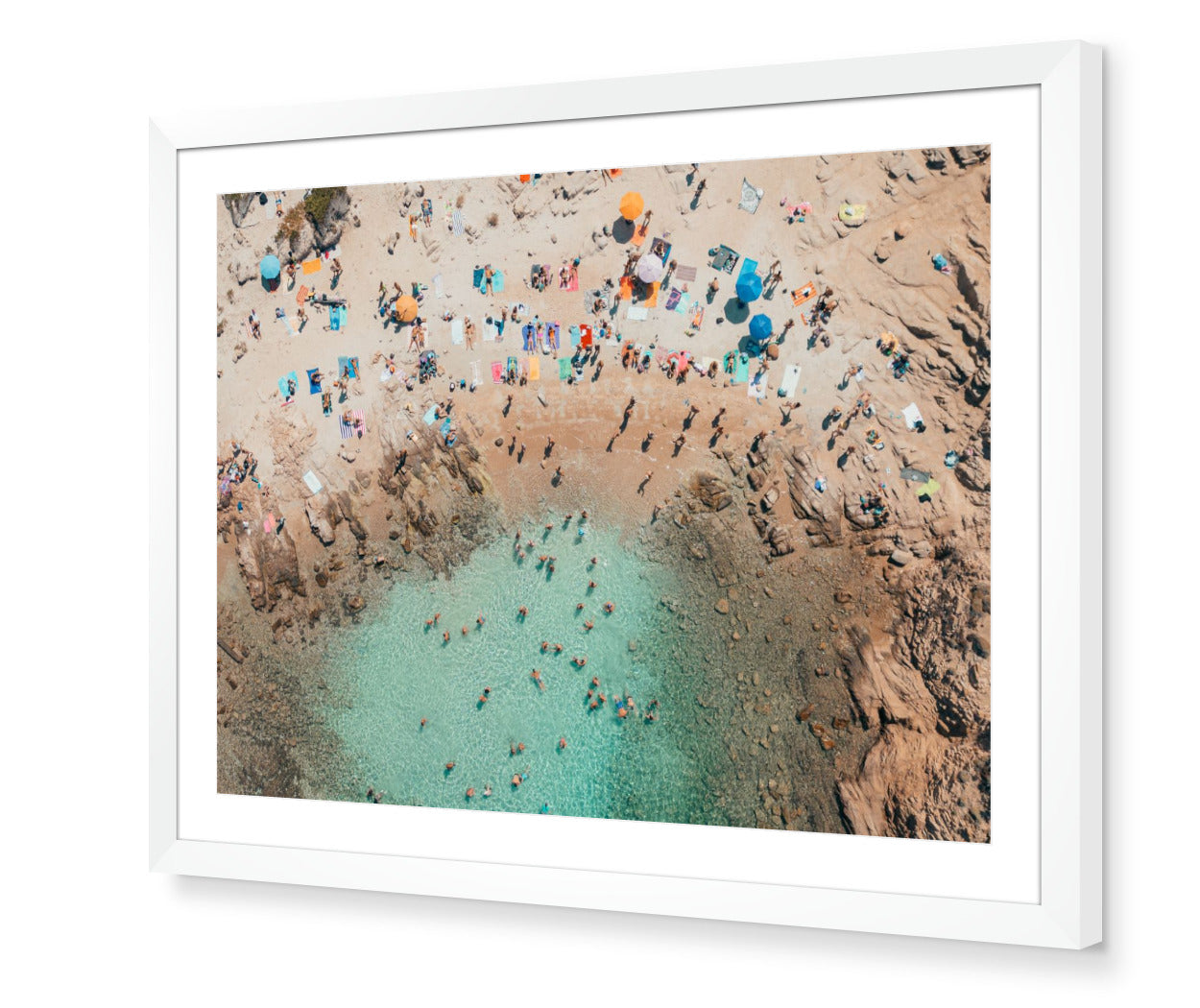 Costa Smeralda fine-art print by Sam Smeaton — aerial coastal view of Sardinia framed in white for a crisp, elegant beach-house finish.