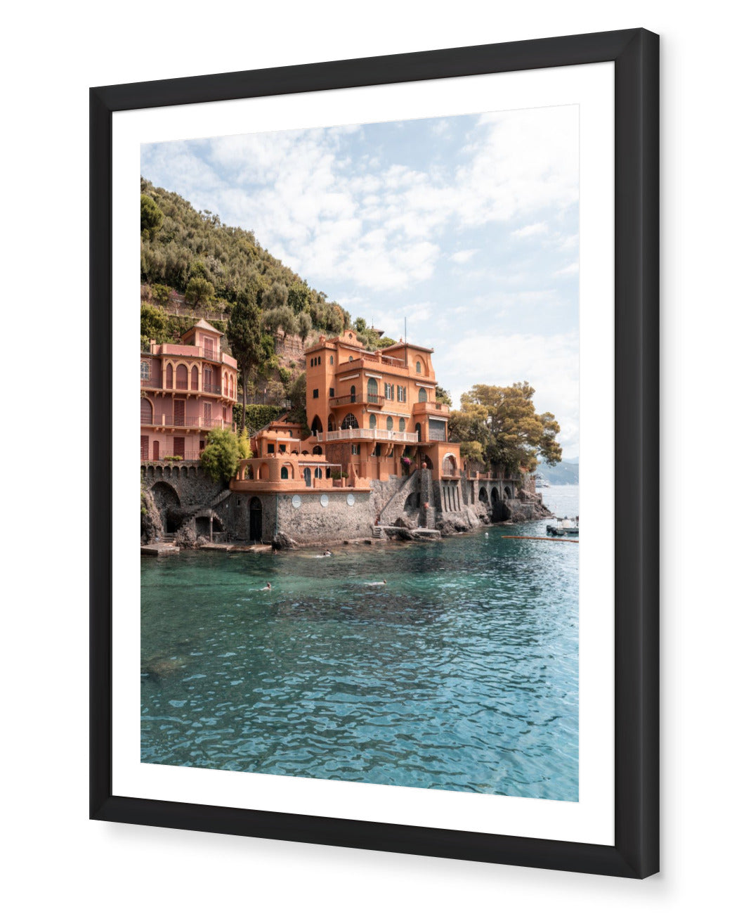 Villa Coral – Portofino fine-art print by Sam Smeaton — Italian Riviera coral villas and blue water, framed in black for bold, elegant contrast.